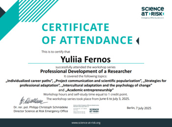 Participation of Yuliia Fernos in the Workshop Series “Professional Development for Researchers”